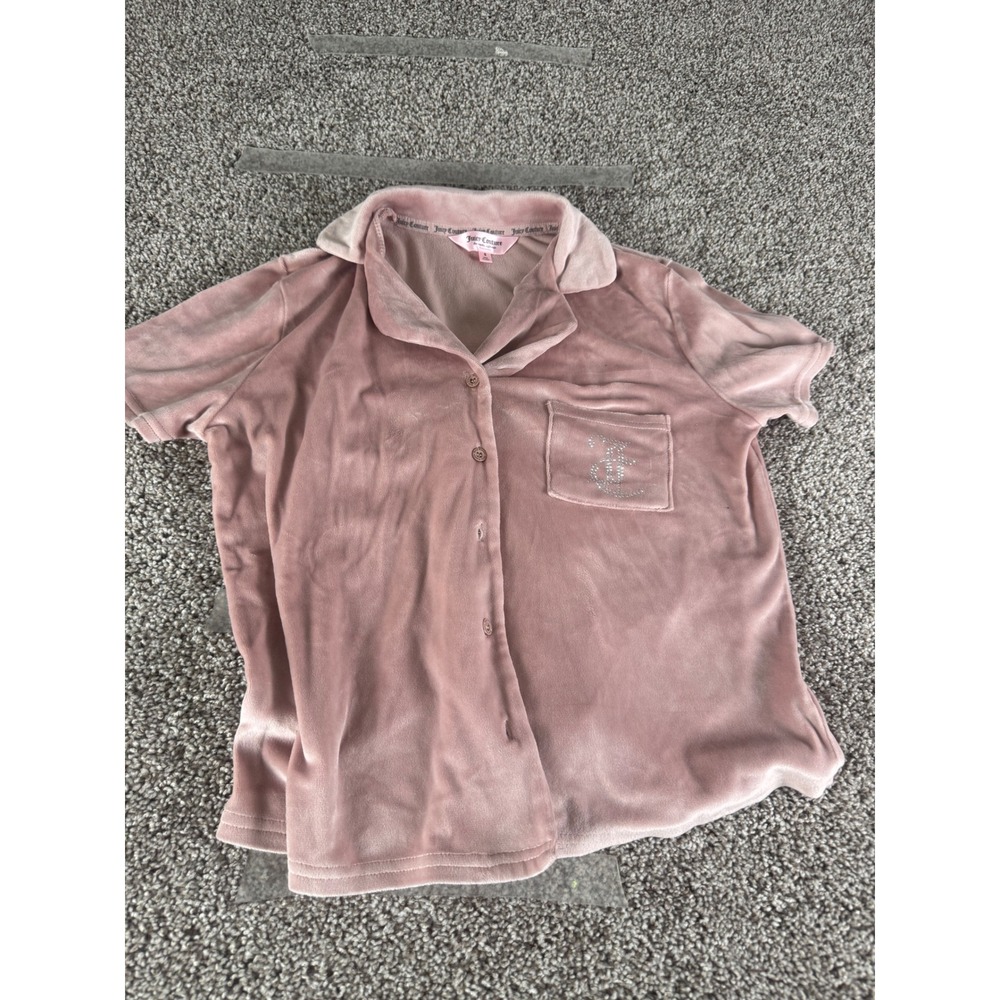 Juicy Couture Pink Velour Pajama Top Rhinestone Logo Short Sleeve Small 7342-47